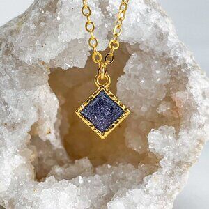 3/$20 14k Gold Dark Purple Glitter Resin Diamond Handmade Pendant Necklace